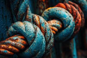 A close-up of a rusty blue rope tied in a knot. photo
