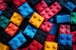 A close-up of a pile of colorful plastic building blocks. photo