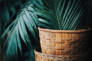 A close-up of a woven basket with a green leaf. photo