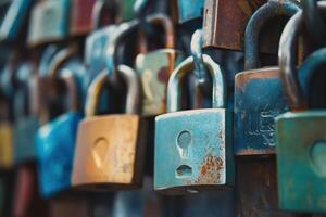 A close-up view of a row of colorful love locks hanging on a bridge. photo