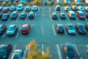 A crowded parking lot with many cars. photo