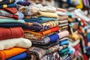 A colorful display of folded clothes in a marketplace. photo
