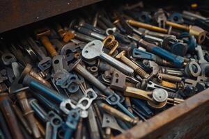 A drawer full of old keys and other metal objects. photo