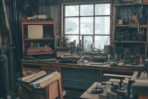 A cluttered workshop with tools, wood, and a workbench in front of a window. photo