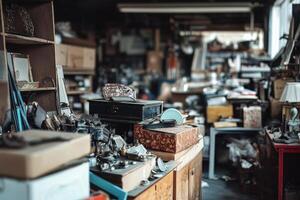 A cluttered workshop with tools, boxes, and various items on a wooden table. photo