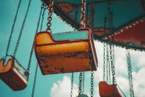 A close-up of a vintage, rusty carousel swing seat with a bright blue sky in the background. photo