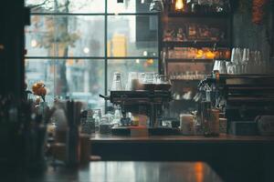 A coffee shop counter with a window view. photo