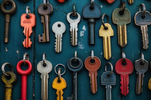 A collection of colorful keys hanging on a blue wooden background. photo