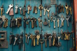 A collection of old keys hang on a weathered blue door. photo