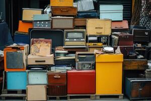 A colorful and eclectic collection of vintage radios, record players, and suitcases are stacked against a wall. photo