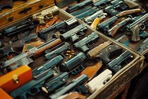 A collection of various handguns laid out in a wooden crate. photo