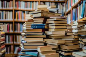 A large stack of books in a library with bookshelves in the background. photo