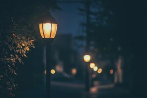 A single streetlight illuminates a dark, tree-lined path with other streetlights in the background. photo