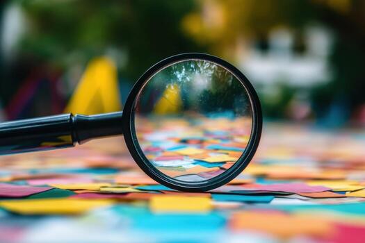 A magnifying glass on a colorful confetti background, focusing on the details of the confetti. photo