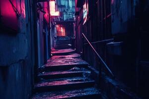 A narrow, dimly lit alleyway with stairs leading up, illuminated by neon signs. photo