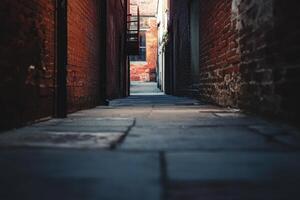 A narrow brick alleyway with a paved path leading to an unknown destination. photo