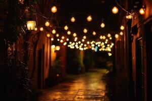 A narrow, brick-lined alleyway at night, illuminated by string lights. photo