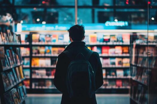 A man with a backpack stands in front of a bookshelf, browsing through books. photo