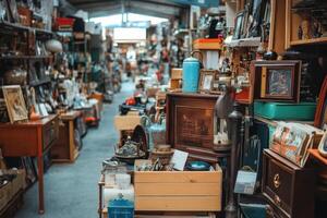 A narrow aisle in a crowded flea market, lined with tables overflowing with vintage and antique items. photo