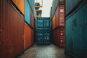 A narrow walkway between stacks of colorful shipping containers. photo
