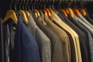 A row of suits hanging on wooden hangers in a closet. photo