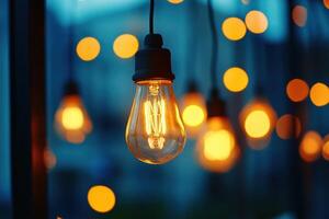 A single lit Edison bulb hangs against a backdrop of soft blue and warm, out-of-focus light. photo