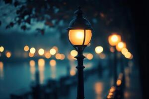A single street lamp illuminates a foggy night scene with a line of other lights in the background. photo