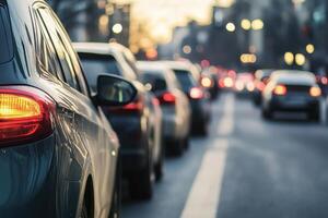 A line of cars stopped in traffic during the evening commute. photo