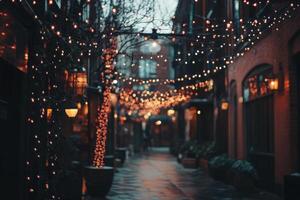 A narrow, cobblestone alleyway adorned with twinkling string lights creates a warm and inviting atmosphere. photo