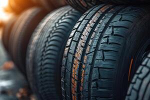 A row of new black car tires with orange markings. photo