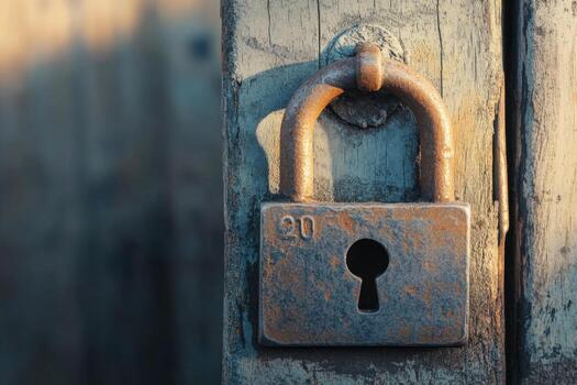 A rusty padlock on a wooden gate. photo