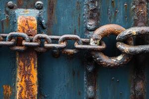 A rusty chain is attached to a metal surface. photo