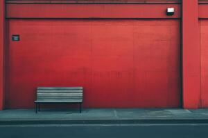 A lone bench sits in front of a bright red wall. photo