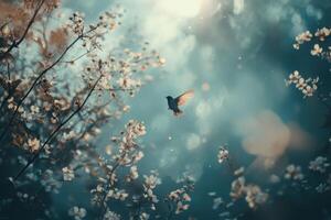 A single bird in flight through blooming trees with a sunlit background. photo