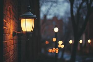 A single lamp casts a warm glow on a brick wall in a dimly lit alleyway. photo