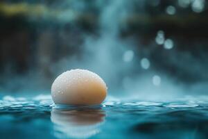 A single egg sits on the surface of a hot spring, with steam rising in the background. photo