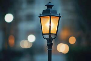 A single street lamp glows against a backdrop of blurred city lights. photo