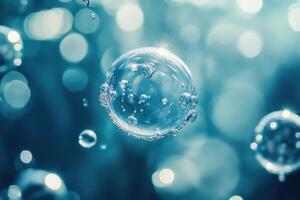 A single water bubble floats in front of a sparkling, turquoise background. photo