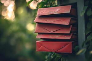 A stack of red mailboxes on a wooden post. photo