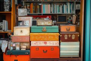 A stack of vintage suitcases and boxes in a shop window. photo