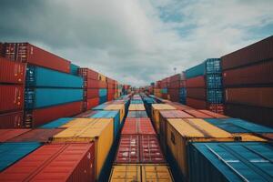 A vast array of colorful shipping containers stacked high in a warehouse. photo