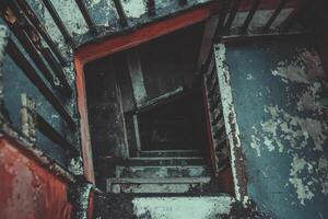 A view down a dark, narrow, spiral staircase in an old building, looking down from the top. photo