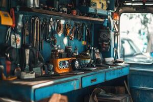 A well-worn workbench with tools and equipment. photo