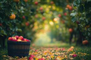 A wooden bucket filled with red apples sits on the ground in an orchard. photo