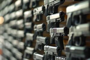 A wall of handguns displayed in a shop. photo