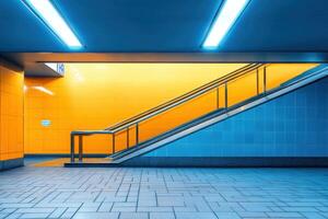 Blue and Yellow Subway Escalator. photo