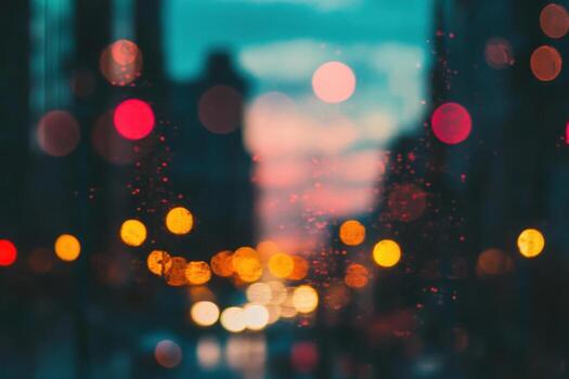 Blurred city lights through a wet window at dusk. photo
