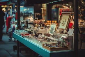 A street vendor stall with various trinkets, jewelry and framed artwork for sale. photo