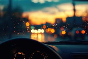 Blurred city lights and sunset seen from the driver's seat of a car with raindrops on the windshield. photo