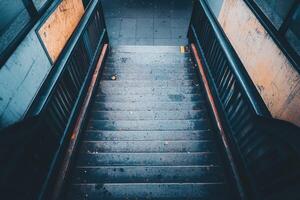 A view of worn wooden steps leading down from a sidewalk into an unknown area. photo